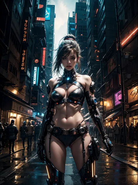 1 Cyberpunk girl, cowboy shot, (NSFW),  futuristic, mechanical aesthetics, complex machinery, high-tech lighting scene of futuristic city in the background, virtual engine 5, cinematic lighting.