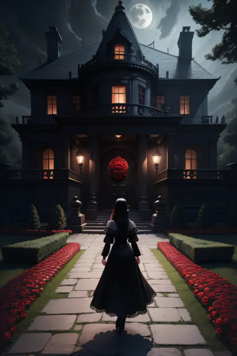 dark dark dark mansion full moon night with path of red roses planted around the stones to the entrance of the mansion, Woman with black hair heading towards the front door