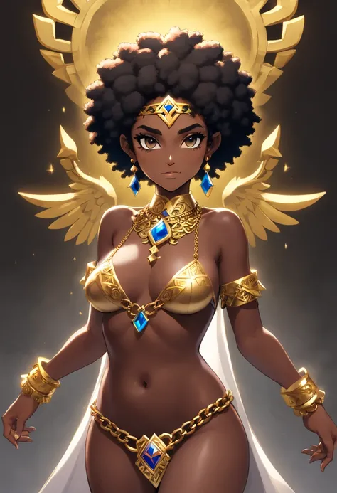 Ghotic woman afro cut with big bare breasts and piercing on the nipples of gold chains