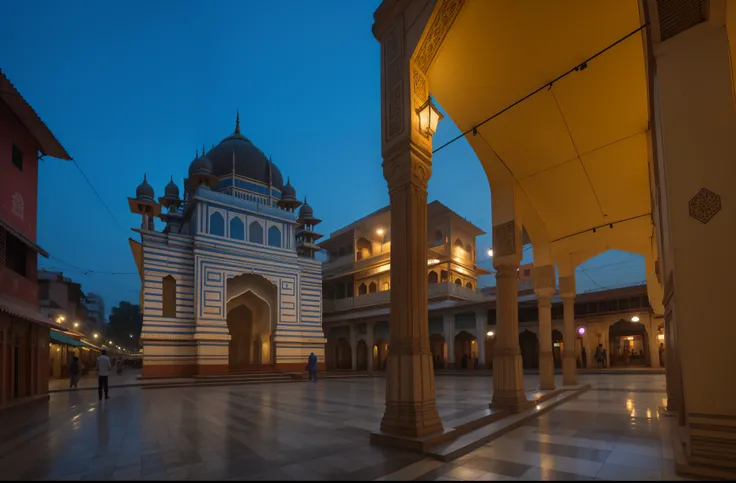 a photography of a city square in India from a white arcade at evening, a white hindu temple is on the other side of the square, hyperrealistic