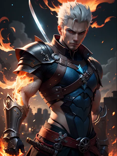 master part, Vergil como samurai das sombras, (cabelo preto com mecha branca: 1.2), Estilo de pintura extremamente detalhado, The katana is on fire, The fire is blue, The fire is very bright, personagem realista, heroic, epic pose, Twilight, night  sky