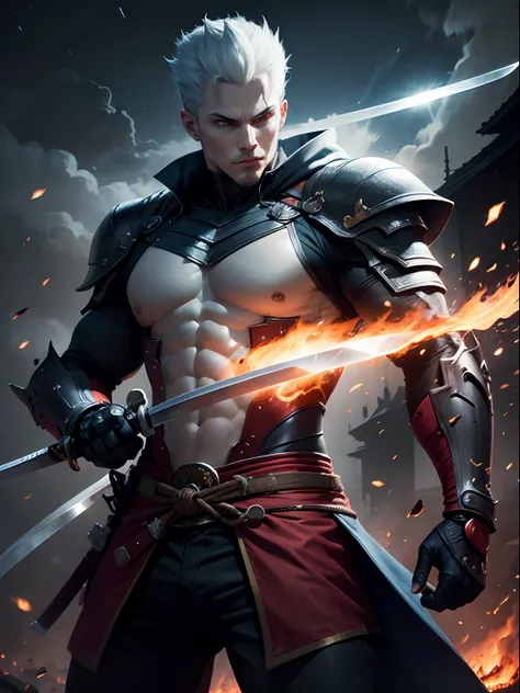 master part, Vergil como samurai das sombras, cabelo preto com mecha branca, Estilo de pintura extremamente detalhado, The katana is on fire, The fire is blue, The fire is very bright, personagem realista, heroic, epic pose, Twilight, night  sky