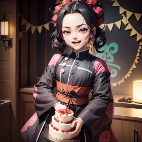 2D, estilo anime, Kimetsu no yaiba, demon Slayer, tanjiro kamado sorridente, holding a birthday cake