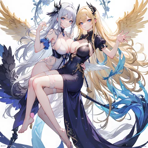 (Best Quality,8K,ultra-detailliert:1.2),Angelic Woman (Sexy) appearance, (Long Blonde Hair), (Anime details), Goddess-like figure, (Symmetrical blue eyes), (Ultra-detailed eyes), (Translucent lingerie) with (abundance) fabric, (Sword), (golden wings), Full...