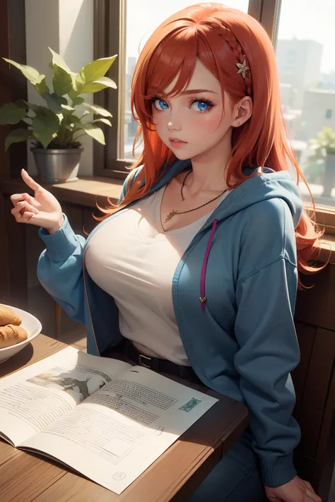 (masterpiece best quality), solo, 1girl, thick lips, blue eyes, ginger hair, tan, money tuck, bedroom, window, scoop neck, half up half down hair, hair ornament, large breasts, jewelry, plant, detailed illustration, restaurant, sitting at table, hoodie,