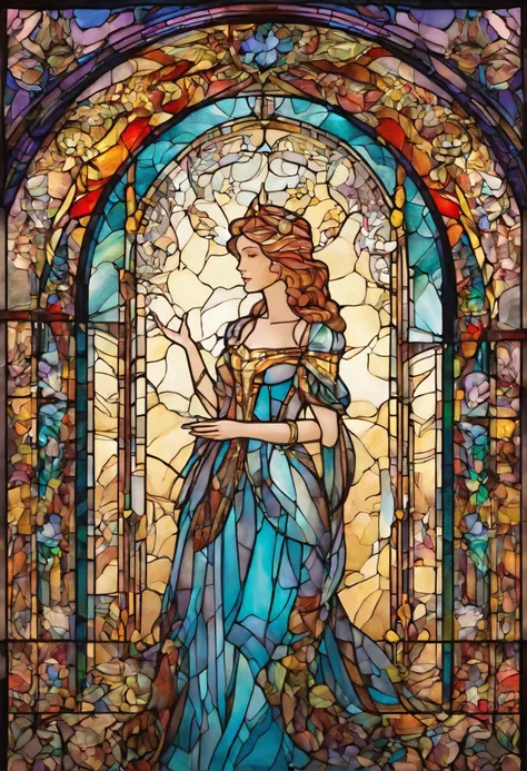 princess, cupping her hands together cheerfully, portrait of stained glass, extremely detailed, absurdes