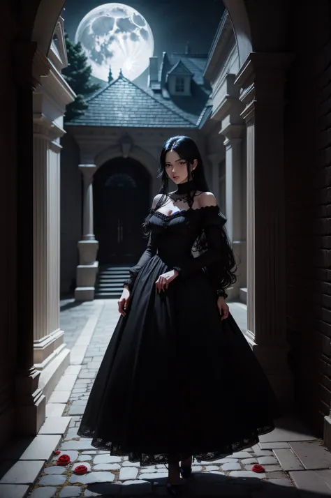 dark dark dark mansion full moon night with path of red roses planted around the stones to the entrance of the mansion, Woman with black hair heading towards the front door