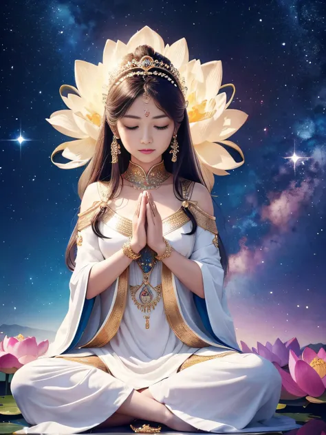 HighestQuali，tmasterpiece：1.2，Detailed details，The beautiful young goddess gently closed her eyes，gently smiling. She folded her hands together in prayer meditation. She wore a white dress，The stars sparkle in the blue night sky, You sit on a lotus flower，...