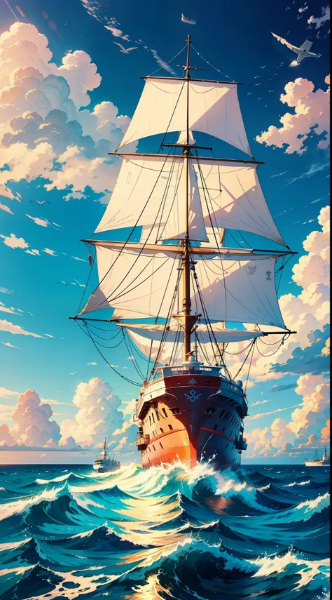 a ship alone in the ocean, happynes, gorgeous sky, masterpiece, best quality, wallpaper, gorgeous, beautiful clouds, happy, ocean, cozy, colorful, amazing, artistic, expressive, emotions