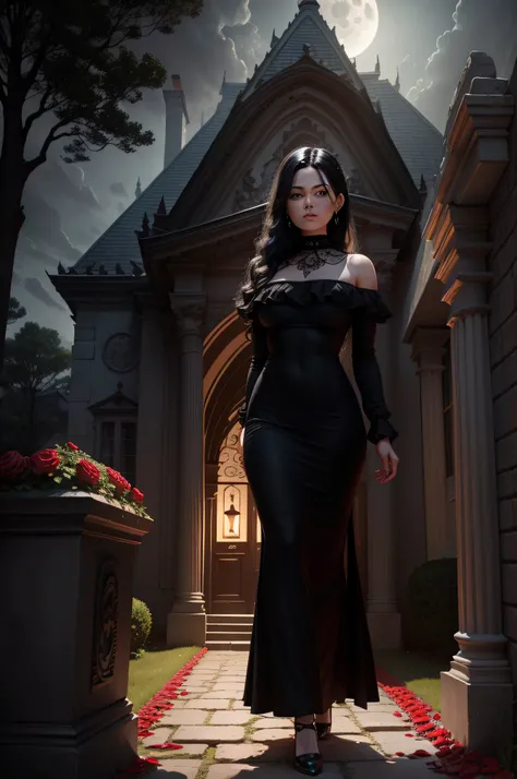 dark dark dark mansion full moon night with path of red roses planted around the stones to the entrance of the mansion, Woman with black hair heading towards the front door