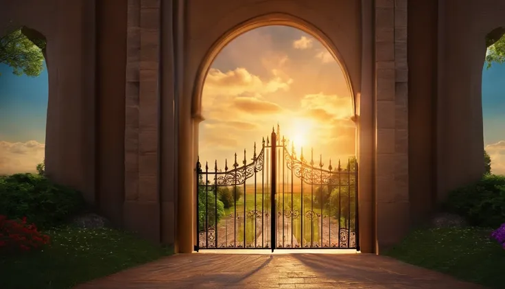 A vast sky where a door to the sky is opened and a light shines down from inside the gate