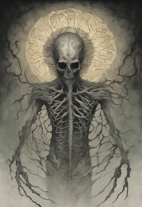 Generate an intricate 4K (UHD) illustration of a creature akin to the Angel of Death, with a striking absence of wings and facial features, replaced by a deep and profound black hole. The creatures body consists of an intricate lattice of bones, each inscr...