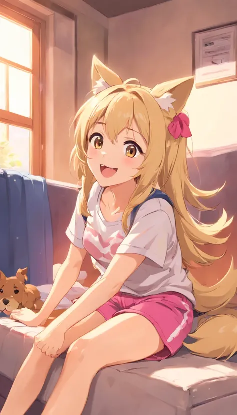 30 year-old wholesome doggirl long messy blonde hair, hair accessories, happy_face, wide open mouth, , dog ears, dog tail, t-shirt, pink gym shorts, in living room, sitting in dog bed, dog toy