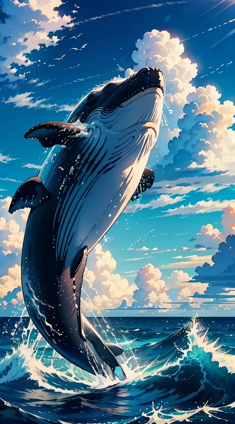 a whale alone in the ocean, happynes, gorgeous sky, masterpiece, best quality, wallpaper, gorgeous, beautiful clouds, happy, ocean, cozy, colorful, amazing, artistic, expressive, emotions,incredible, gigant, nature, impossible,