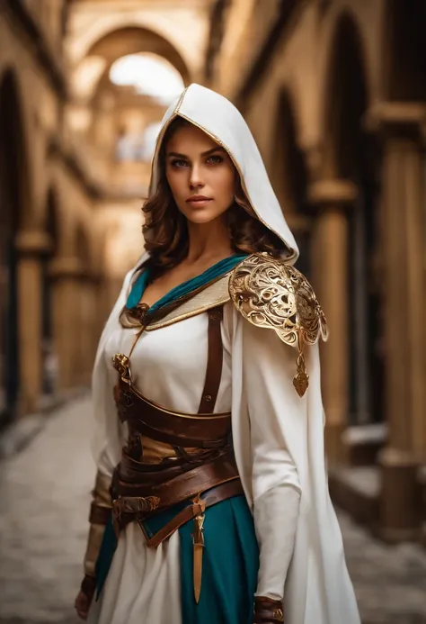 Uma foto de corpo inteiro da Princesa Zelda, brown hair, olhos azuis, vestido como um Assassino de Assassins Creed, em branco+gold with a white mask and hood with golden details, Busto XL, using a wrist blade. Background Story: A city during the Renaissanc...