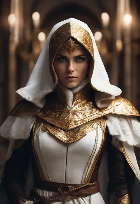 Uma foto de corpo inteiro da Princesa Zelda, brown hair, olhos azuis, vestido como um Assassino de Assassins Creed, em branco+gold with a white mask and hood with golden details, Busto XL, using a wrist blade. Background Story: A city during the Renaissanc...