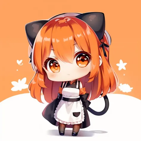 ​masterpiece、detaileds、Kintaros apron、Soft lighting、Long redhead goth cat girl、Orange-eyed chibi、white backgrounid、simple background