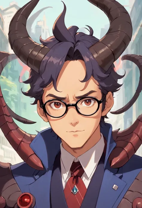 Please make a black Tiefling man with big horns, musculoso, 2,37metros de altura, wearing a futuristic glasses, jaleco branco, corpo inteiro, com cabelos enrolados e crespos pretos