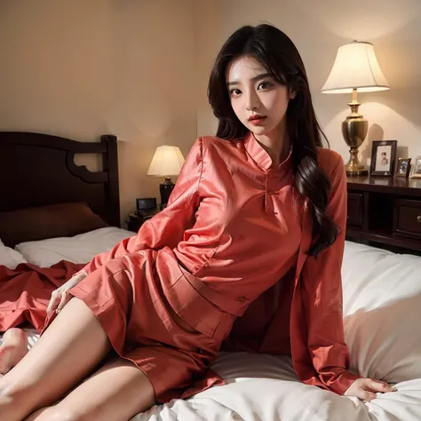 Hot Korean girl in salwar suite in bedroom , closup image , hyper realistic Image