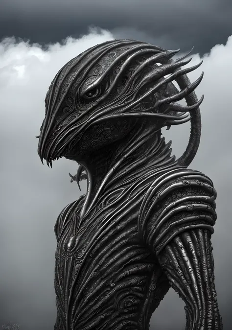 A strange alien creature, horrorcore, silver and black, scary, intricate, precisionist lines, cloudy, misty fog