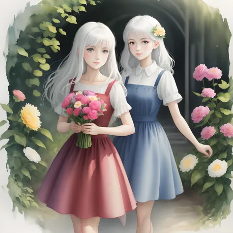 White-haired girl holding colorful flowers in two-dimensional watercolor style