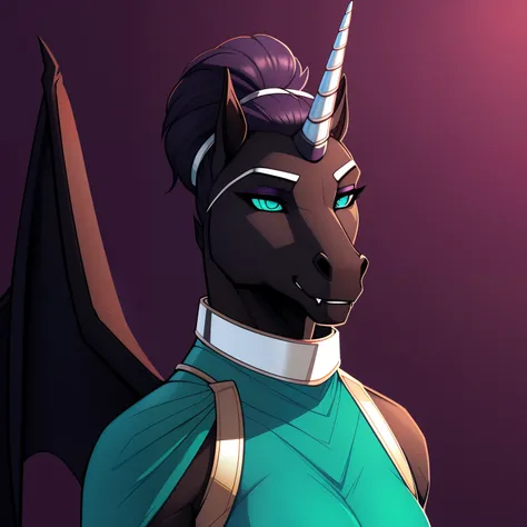 Tall_lithe_muscular_mature_horse scarred_body female dark_purple_mane bun black_furry_body teal_eyes slit_pupils solo Masterpiece best_quality absurdres highly_detailed gown_with_silver_trim silver_circlet silver_gorget silver_bracers cleanly_drawn_eyes fa...