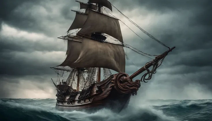 A large kraken squid attacking a pirate ship in turbulent water, storm, cloudy, misty, savage, ferocious, fierce