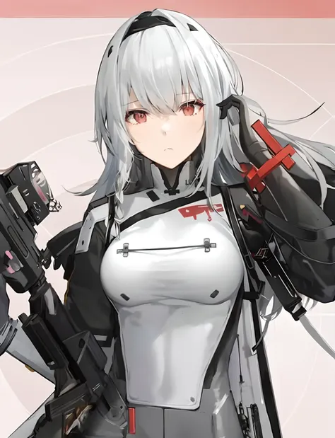 anime girl with gun and gun in hand with a pink background, fine details. girls frontline, from girls frontline, girls frontline style, girls frontline cg, girls frontline, girls frontline universe, m4 sopmod ii girls frontline, mechanized soldier girl, ni...