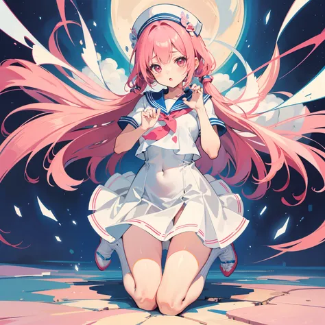 (mouthpiece, of the highest quality, illustration detailed, Very high quality, extremely delicate writing),Full body, Girl in sailor suit, Praying Pose, Pink bob hair, Lively, No background