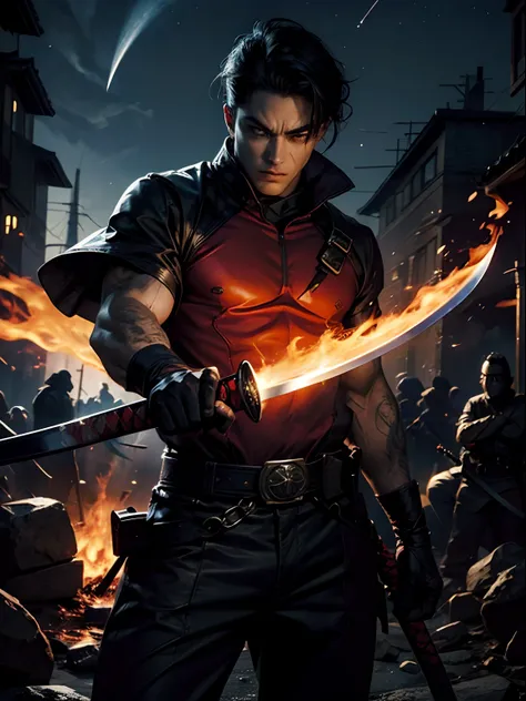 master part, Jason Todd como samurai das sombras, Estilo de pintura extremamente detalhado, The katana is on fire, The fire is blue, The fire is very bright, personagem realista, heroic, epic pose, Twilight, night  sky