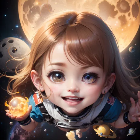 Cute Baby Chibi Anime、(((chibisd)） (bestquality),(masterpiece)、Chibi Astronaut、cosmic space、Dosei、meteorite、fullmoon、Open your mouth and smile、A detailed face、Detailed details、levitation、jumping、