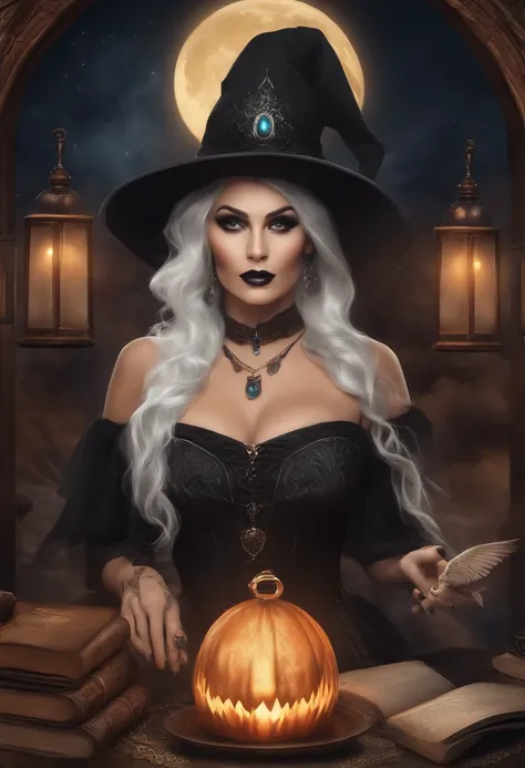 Tattoo convention poster with a tattooed witch with art nouveau features, wearing traditional black witch dress and witch hat with white hair, em seu quarto de bruxa detalhado, com livros de magia em cima de uma mesa de madeira, shaking a cauldron coming o...