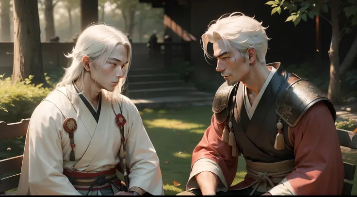 Imagine a serene and peaceful setting, perhaps a stone garden or a bamboo forest, with a sky at dusk painted in soft shades of orange and pink. Two samurais are seated in a strategic spot, one older with white hair and the other around 30 years old.

The o...