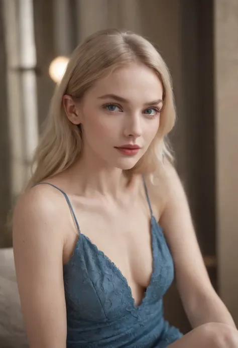 Nikon Z 85mm, Beautiful, Petite 18-year-old supermodel, a blond, Bright blue eyes, Fit,  skinny,((High detailed skin, Skin Details)), Sharp Focus,, 8K UHD, Digital SLR, High quality, russian face, naked ,open legs ,beautiful body, medium breast