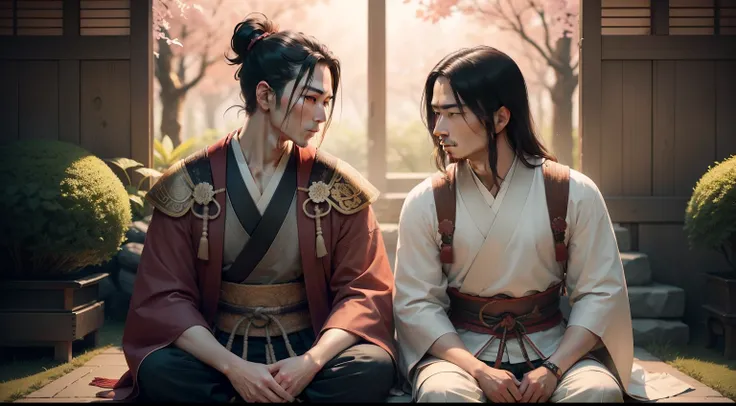 Imagine a serene and peaceful setting, perhaps a stone garden or a bamboo forest, with a sky at dusk painted in soft shades of orange and pink. Two samurais are seated in a strategic spot, one older with white hair and the other around 30 years old with bl...