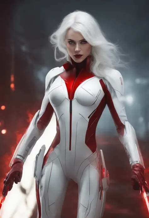 Female villain with pale skin and white hair wearing a full body white and blood red Tech suit with a cold stony glare; advanced body suit