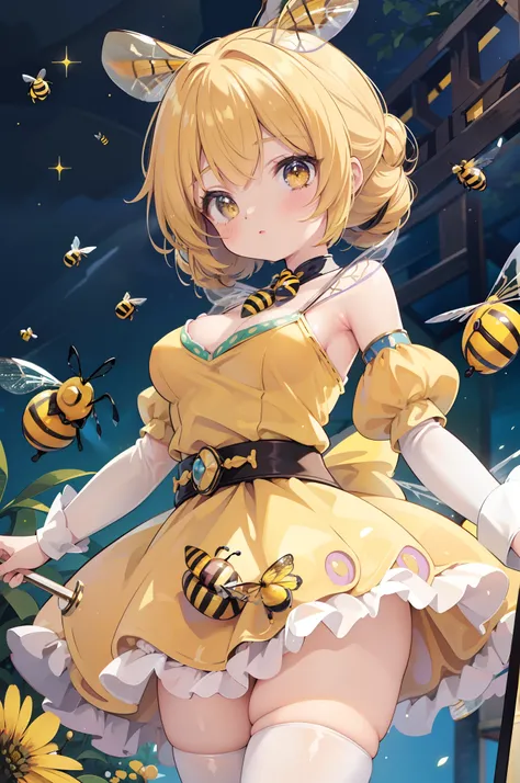 masterpiece, best quality, ultra detailed, beautiful shading, cinematic ligthing, medium breasts, vintage anime magical girl, sparkly, bee girl, wand, (bee:1.5), bee suit, yellow with black stripes, bee hive, honeypastel pink sleeves, yellow details,