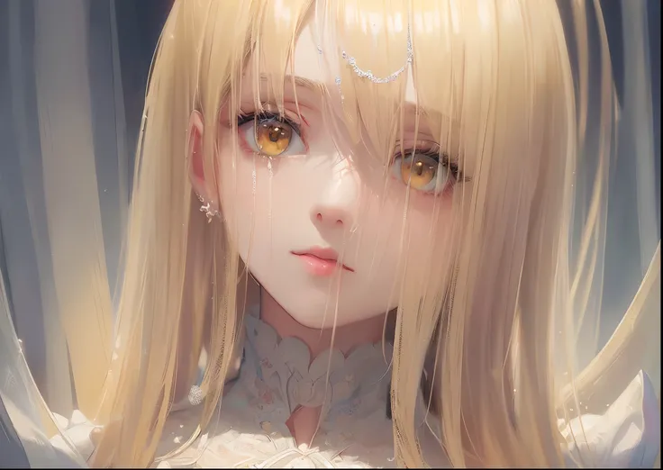 (​masterpiece),((top-quality)),(offcial art),(Beautiful and indulgent:1.2),(1girl in:1.3),((Blonde Beauty))up on the face,Beautiful woman in a snow-white dress,Detailed drawing。tiny chest,Vibrant colors。colourfull、View Viewer,highestdetailed ((ultra-detail...