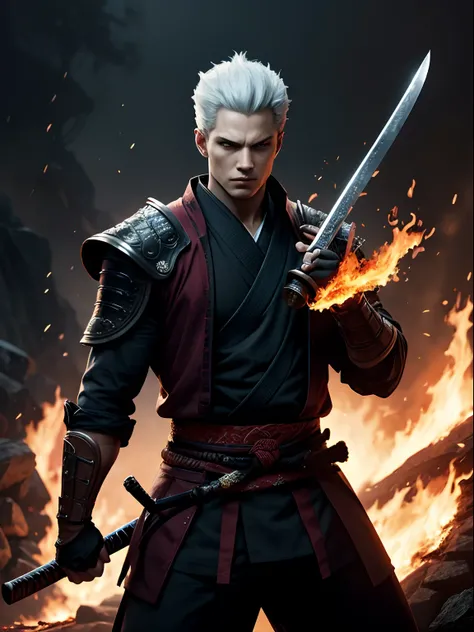 master part, Vergil com cabelo preto como samurai, Estilo de pintura extremamente detalhado, The katana is on fire, The fire is blue, The fire is very bright, personagem realista, heroic, epic pose, Twilight