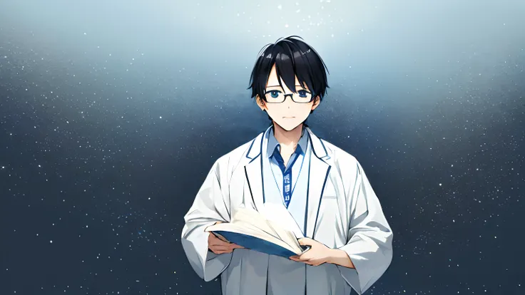 hashimoto_akihito, masterpiece, 1boy, solo, pov, black hair, blue eyes, short hair, a little bit overweight, glasses, slight smile, standing, crying, face focus, limbo, white pharmacist coat, space background, looking at viewer