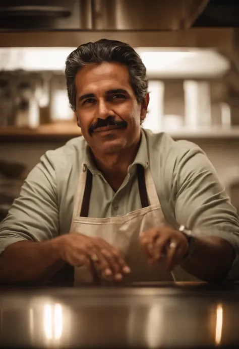 Retrato de un hombre latino empresario reconocido en cocina