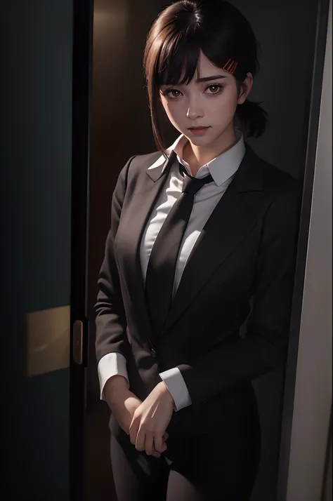 masterpiece, best quality, ultra-detailed, illustration, epic lighting, cinematic composition, isometric, 1girl, solo, cute, brown eyes, black hair, swept bangs, single sidelock, red hairclip, white collared shirt, black necktie, black pants, formal, encha...