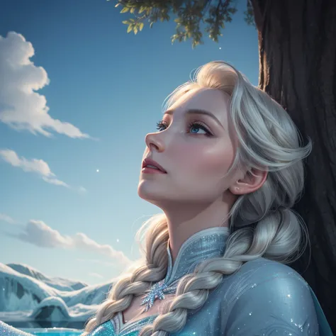 close-up of Elsa from Frozen sitting like a lady under a tree on ice and looking up at the sky, muitos detalhes, Beautiful, Elsa, Frozen, alta qualidade