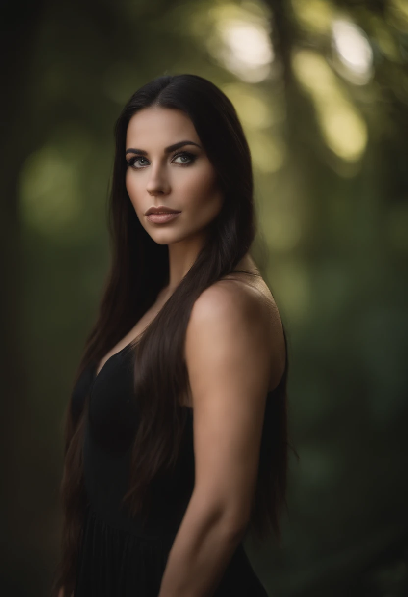 there is a woman with long hair and a black dress posing for a picture, kaitlyn michelle siragusa, dark hair and makeup, kailee mandel, with long hair and piercing eyes, angelawhite, violet myers, stunning beautiful, sexy girl with green eyes, young woman ...