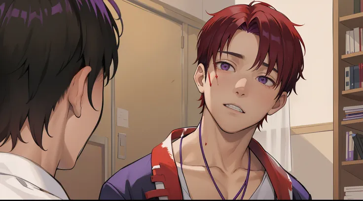 A 15-year-old red-haired boy has a bleeding wound in his abdomen , su amigo sela curara , purple skin, Hes in the classroom telling his best friend a sad story........