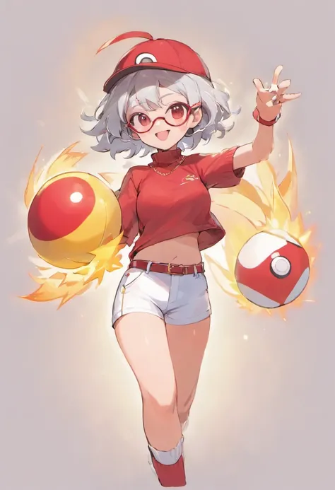 Red Baseball Cap.White shorts with right hand sticking forward,Turtleneck knitwear,Red glasses,Hi-Res, 1womanl,Pose with your right arm stretched forward, 独奏,Holding a Poké Ball in Your Hands, grey  eyes, white  hair, Red glasses,Red Baseball Cap, Red knit...