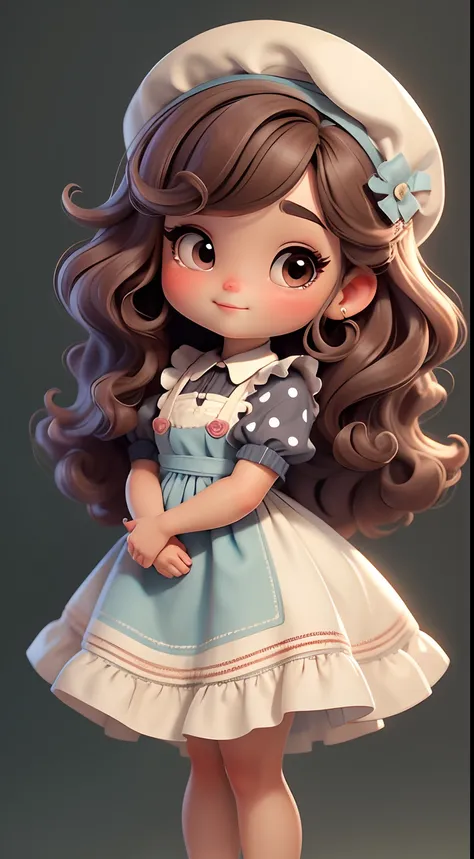 Create a series of chibi style dolls with a cute vintage chic theme, each with lots of detail and in an 8K resolution. All dolls should follow the same solid background pattern and be complete in the image, mostrando o (corpo inteiro, incluindo as pernas: ...