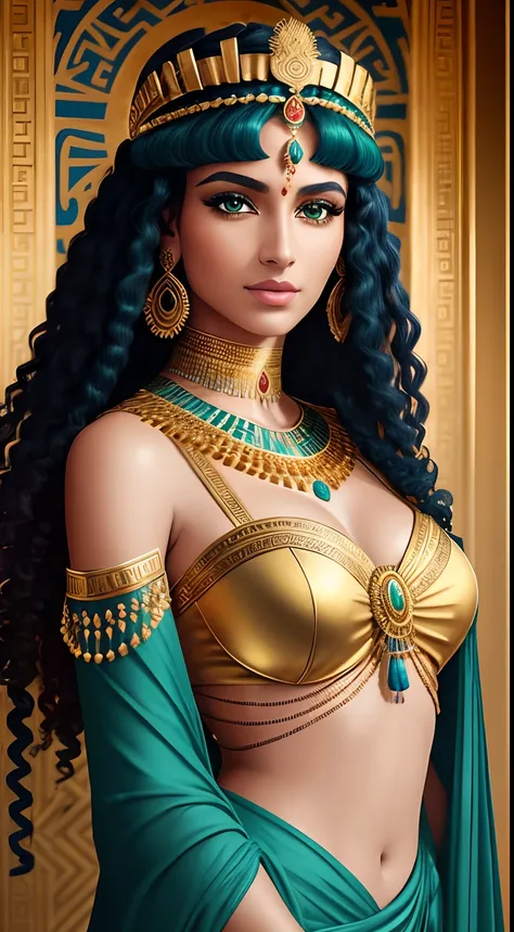 Cleopatra 7, Greek-inspired, regal and vibrant colors, detailed and lifelike portrayal, masterfully painted, high-resolution:1.2, photorealistic:1.37, ancient Egyptian setting, golden jewelry, mesmerizing green eyes, captivating detailed lips, exquisite fa...