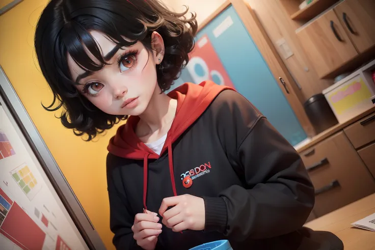 A 3d character with very curly black hair, dark eyes, red pullover, influenced by Pixar style, in a colourful kindergarten.