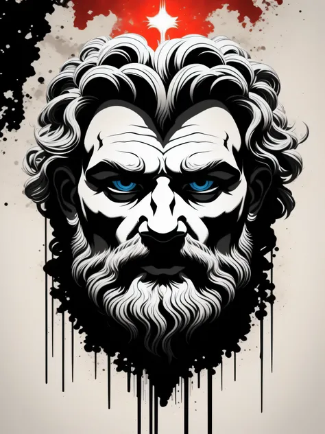 Zeus, arte da camiseta, 2D, ((fundo branco :1, 5)), vetor, vivid colors, master part, best quality, detalhes intrincados, perfect symmetrical face, Realistic details, gothic theme, Anel luminoso, fora, cinematic shading, Greg Rutkowisk